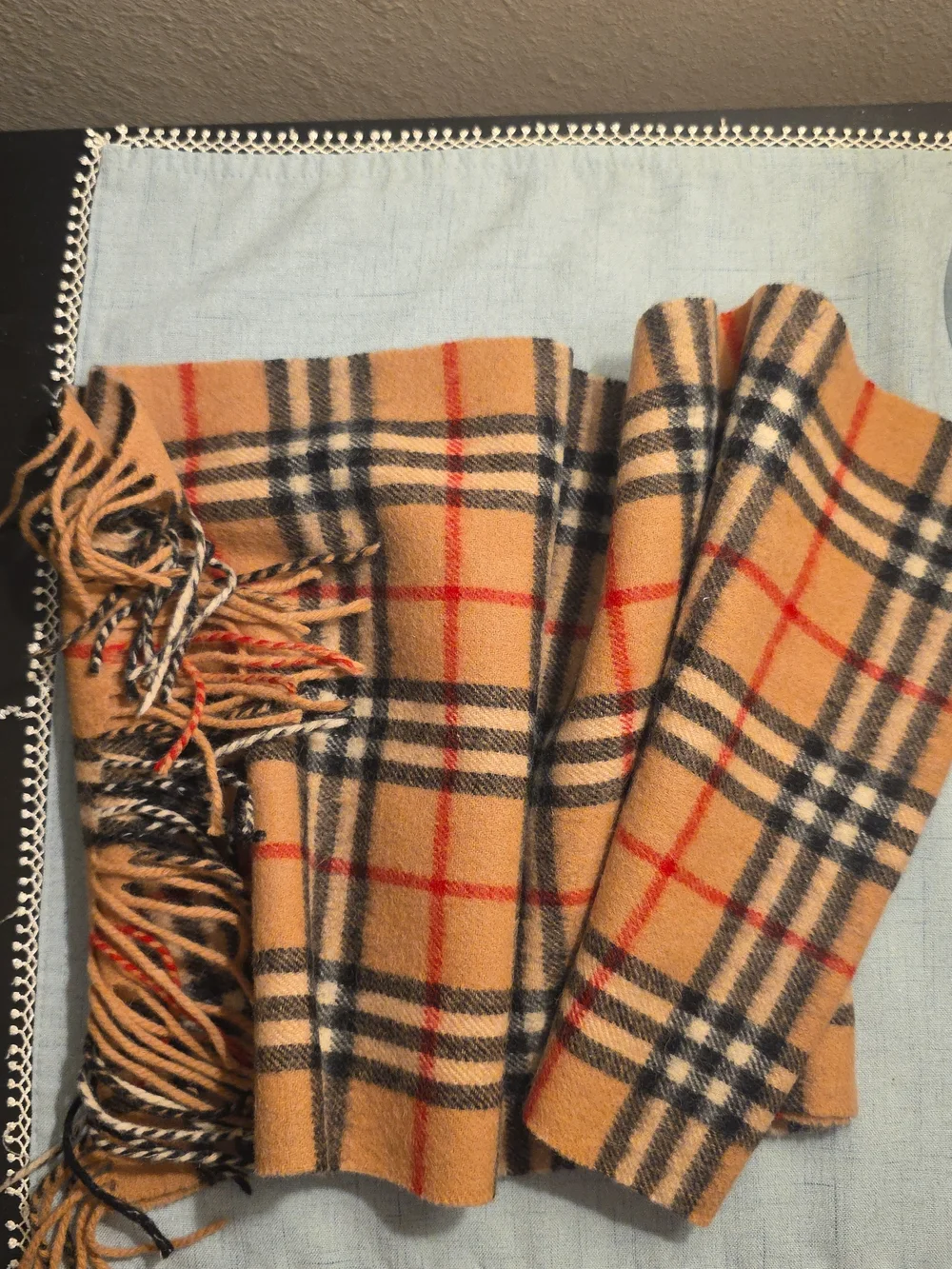 Burberry Classic Check Camel Cashmere Scarf - Camel/Black/Red